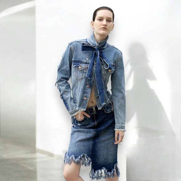 Twelve by Ontwelfth Distressed Denim Jacket with Bow - Picture 13 of 16